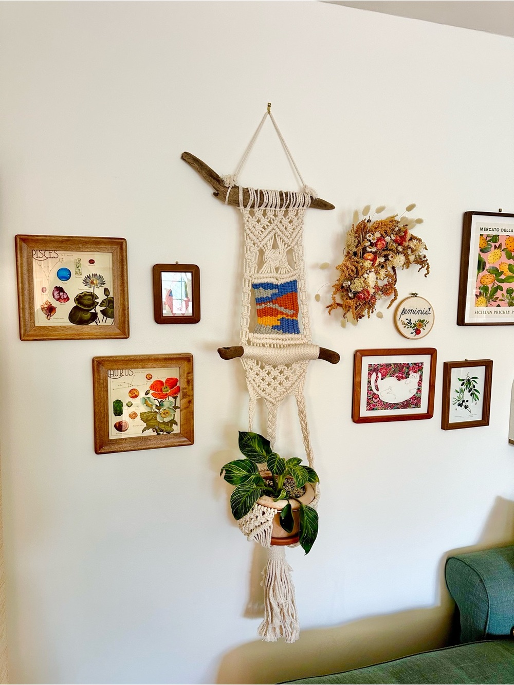 Hand Crafted Cream Macrame Wall Hanging with Blue and Orange Accent